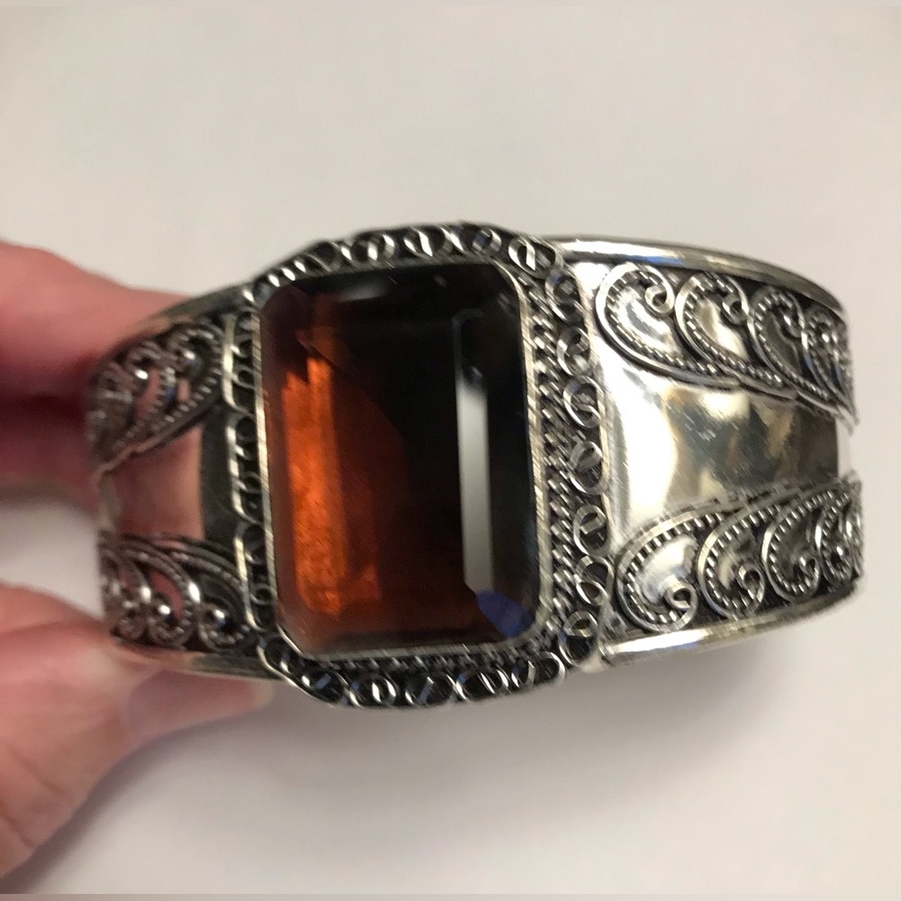 Honey Topaz Stamped Solid 925 Sterling Silver Cuff Bracelet